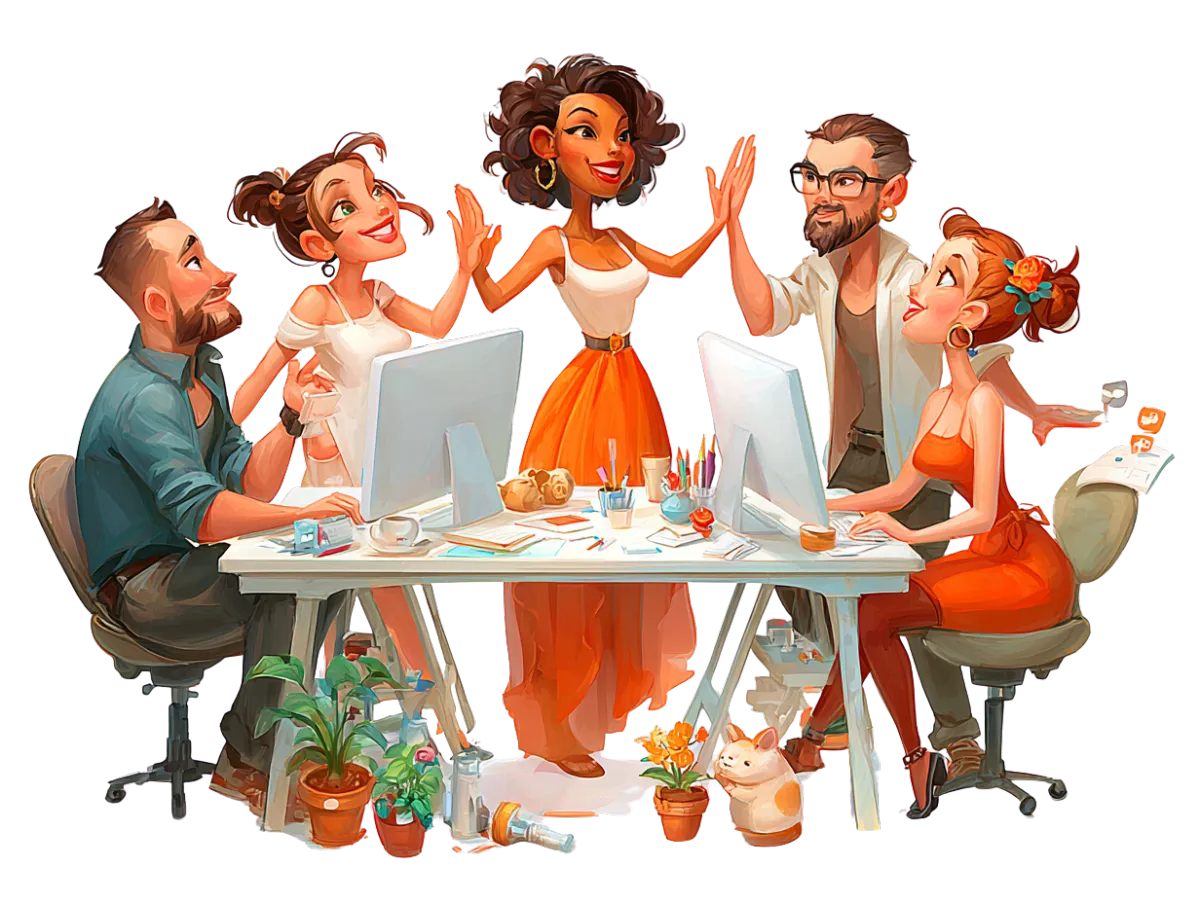 A group of diverse small business owners high-fiving in a bright, sunlit workspace, surrounded by playful icons for tools, support, and growth. The illustration uses warm neutral colors and a hand-drawn style, conveying camaraderie, encouragement, and practical benefits.