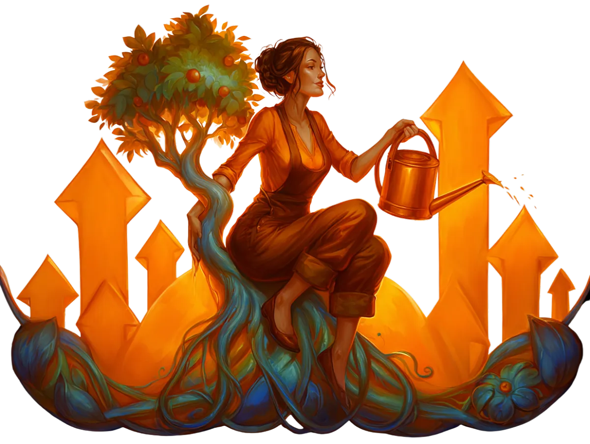 Playful illustration of a small business owner watering a flourishing tree with roots shaped like upward arrows, set against a warm, neutral background. The style is hand-drawn, with soft lines and gentle colors, evoking growth and optimism.