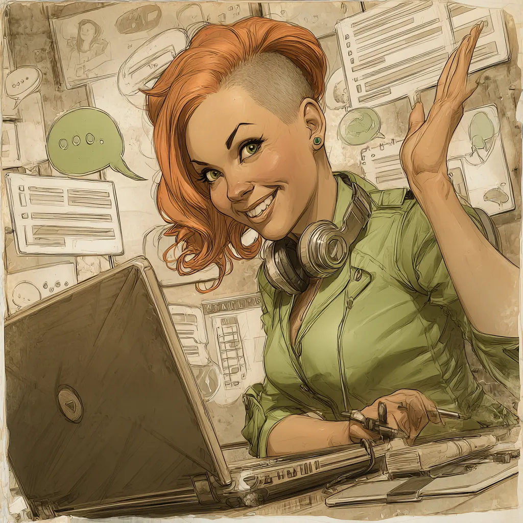 A friendly business coach waves from a laptop screen, surrounded by chat bubbles and a calendar, inviting communication. The illustration is hand-drawn, playful, and uses warm neutral colors, creating a welcoming, approachable atmosphere for inquiries.