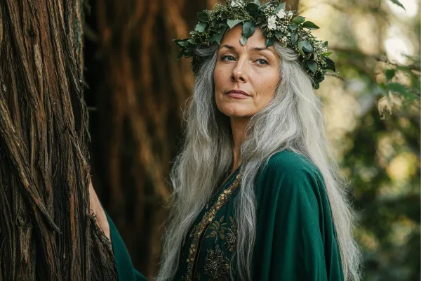 A silver-haired woman wearing a floral crown stands beside an ancient tree in a sunlit forest, dressed in an emerald green ceremonial robe. Her gaze is calm and knowing, embodying the quiet sovereignty and Priestess energy at the heart of Sacred Reclamation.