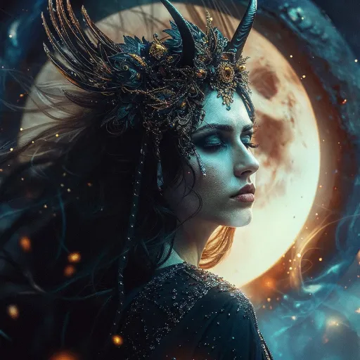 A powerful goddess figure wearing a dramatic dark crown of feathers and horns stands before a luminous full moon, embodying the wild, untamed feminine energy of Beltane and Black Moon Lilith.