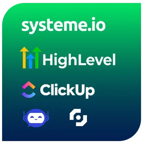 Our Partners section with description, Book a Discovery Call button, and logos of systeme.io, HighLevel, and ClickUp.