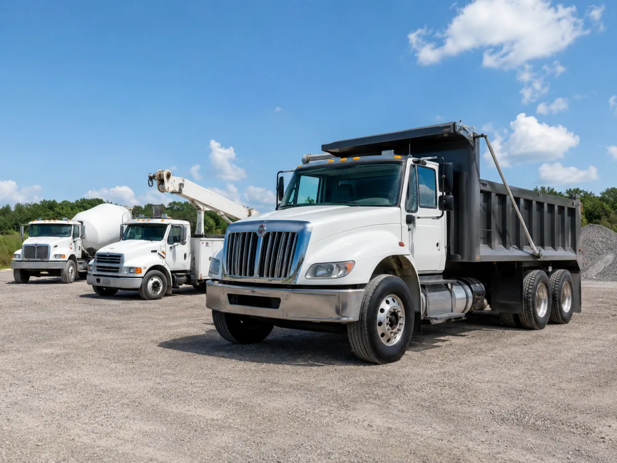 White commercial dump truck for sale at Main Executive’s equipment yard in Appleton, Wisconsin.