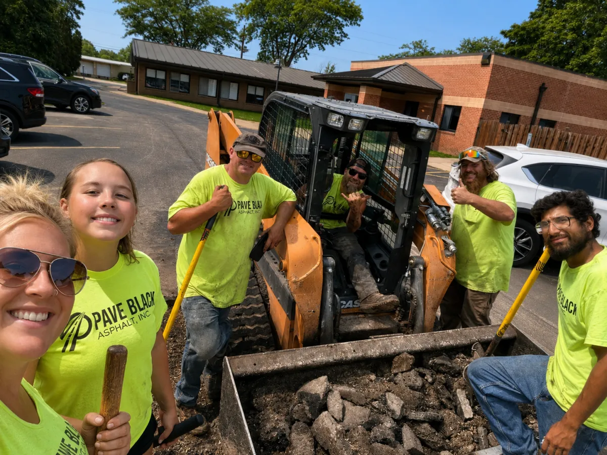 Main Executive crew repairing a commercial parking lot with a skid steer in Appleton, Wisconsin.
