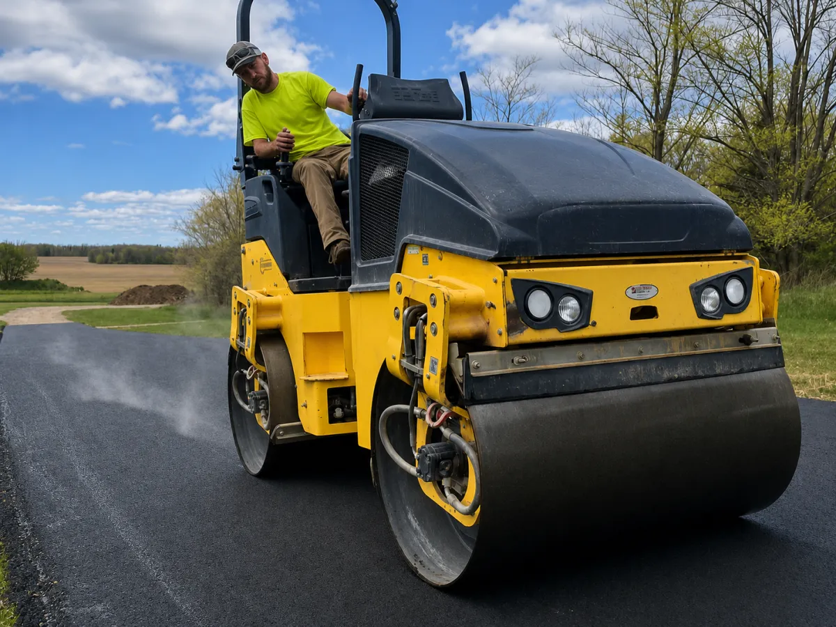 Asphalt paving equipment operator driving a roller on a freshly paved Fox Valley roadway