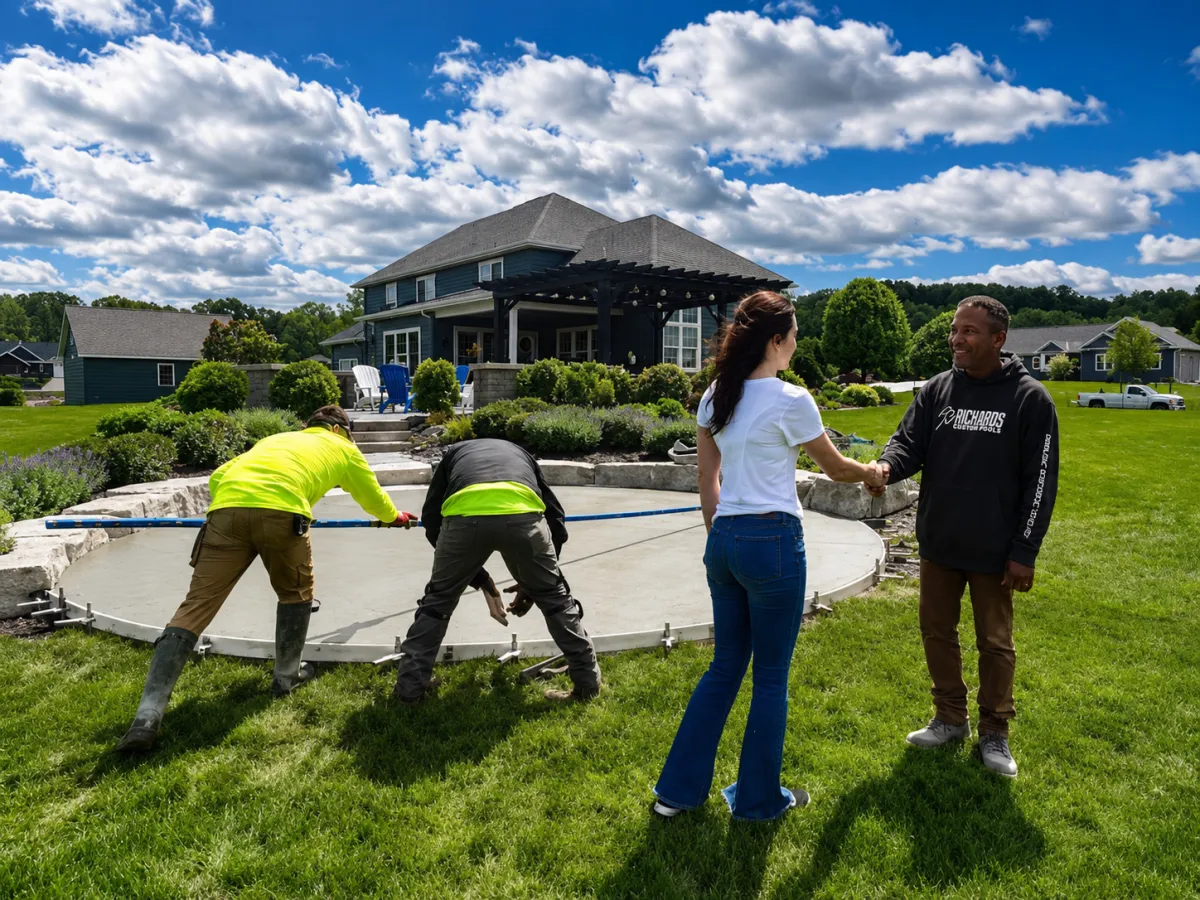 Concrete contractor crew speaking with a homeowner during a residential concrete project in Appleton, Wisconsin