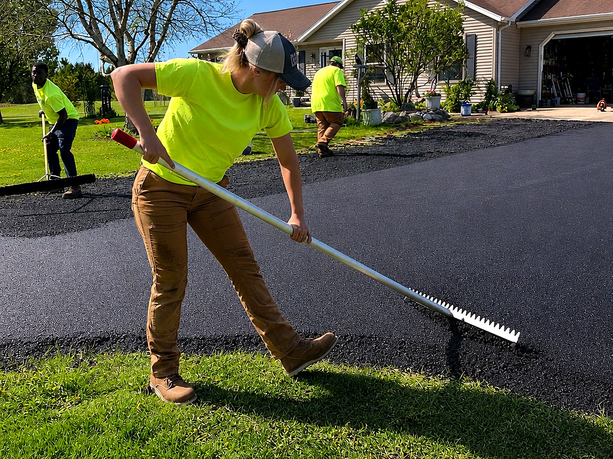 Pavement laborer assisting a concrete and asphalt crew on a Northeast Wisconsin jobsite