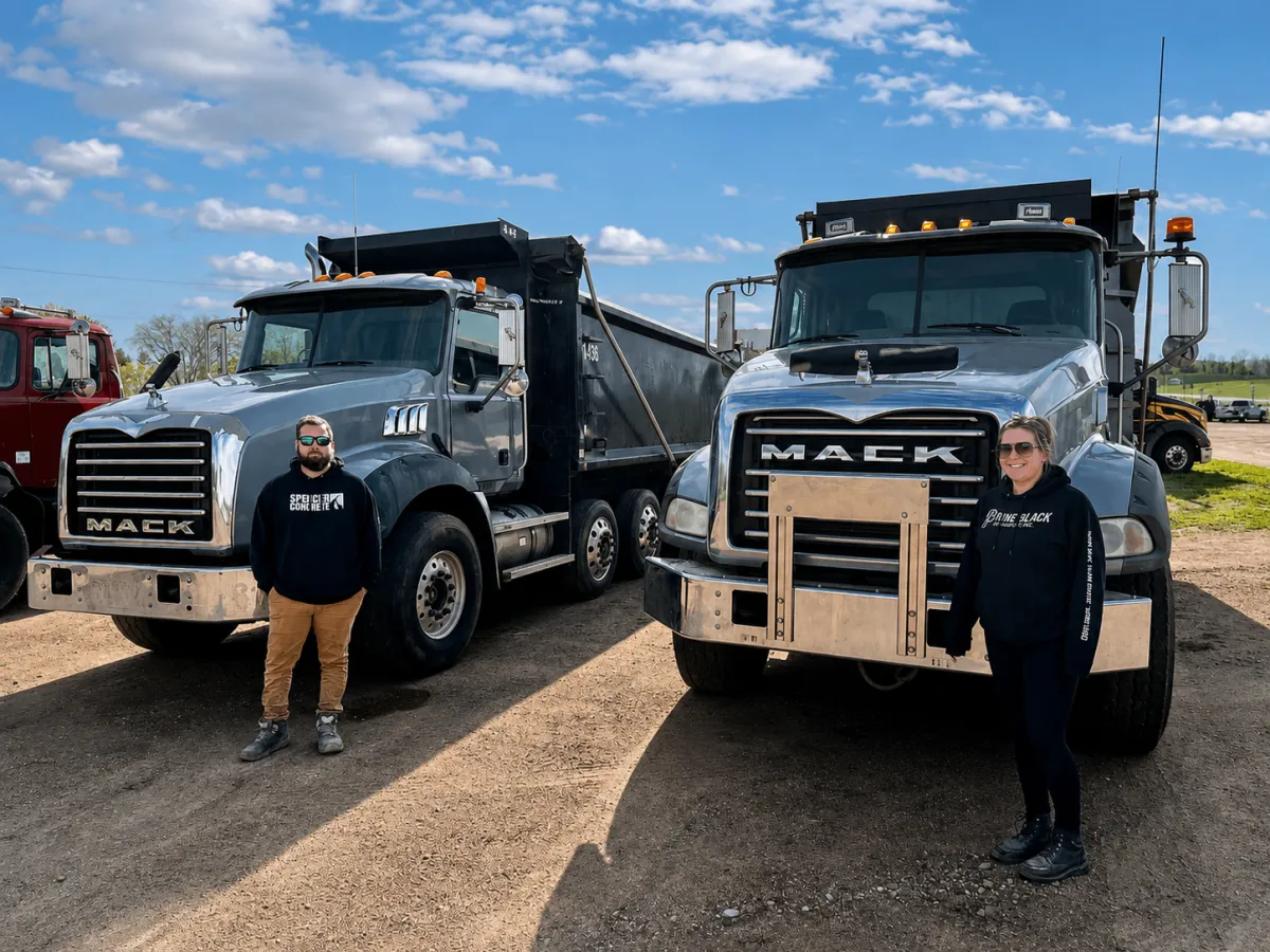 Two Main Executive dump truck drivers standing beside Mack dump trucks at an Appleton, Wisconsin construction yard