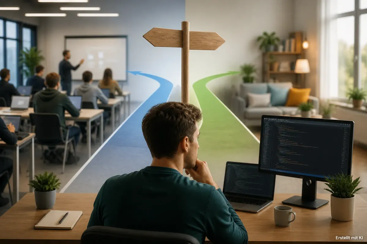 Teilnehmer einer Umschulung zum Fachinformatiker im Unterricht, mit Laptop und Lernmaterialien