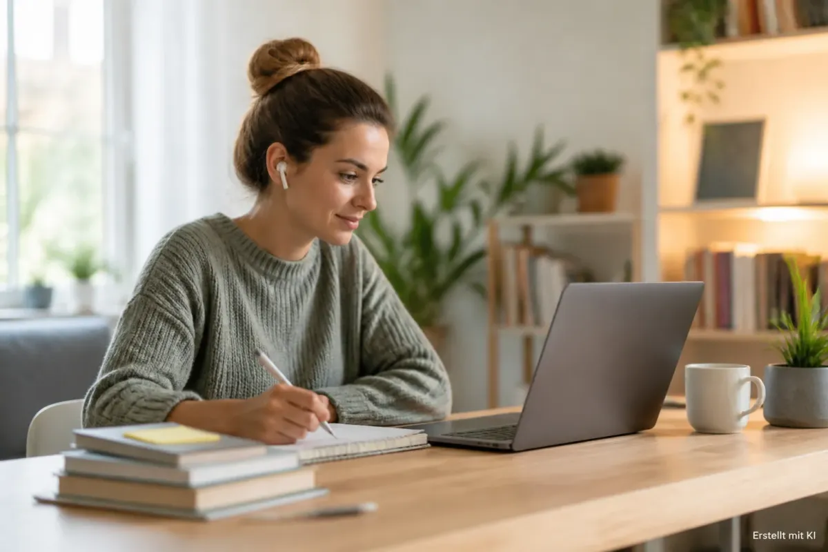 Frau lernt am Laptop zu Hause für eine berufliche Umschulung