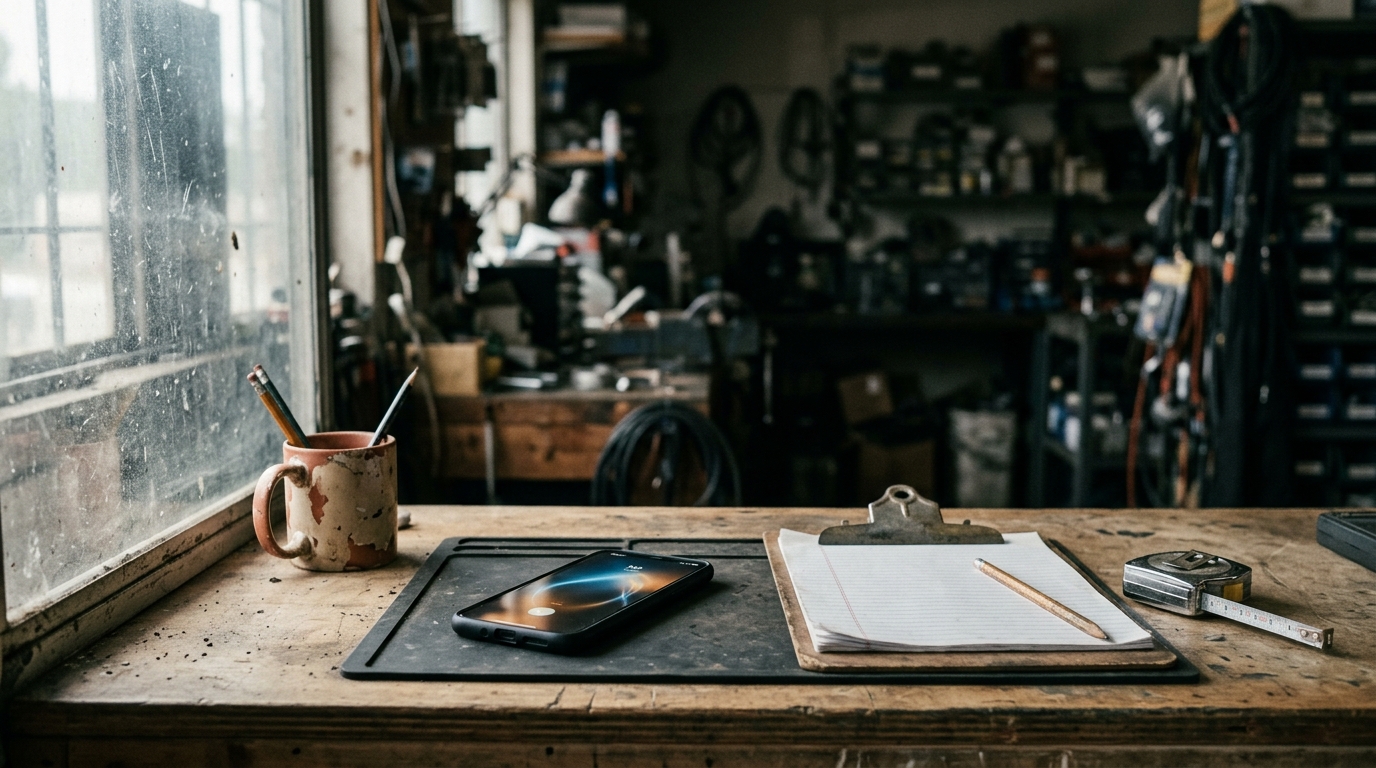 A smartphone lying face-up and lit on the workbench of a small repair shop, beside a clipboard, pencil and tape measure