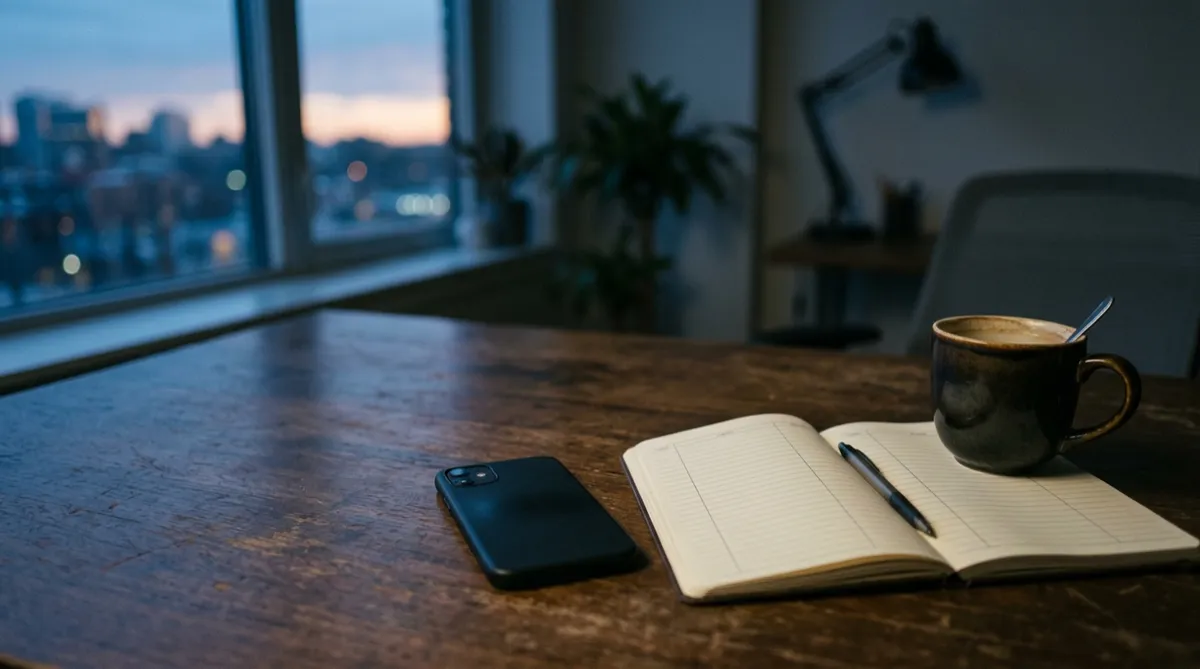 Smartphone and paper call log on a small-business desk at dusk, no people visible