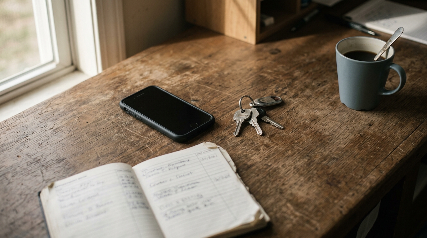 A dark smartphone with its screen off resting on a worn wooden counter beside van keys, an open paper appointment book and a mug of coffee