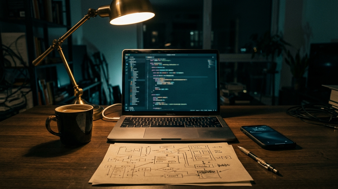A developer's desk at night with a laptop showing an abstract code editor, a phone and hand-drawn flow sketches