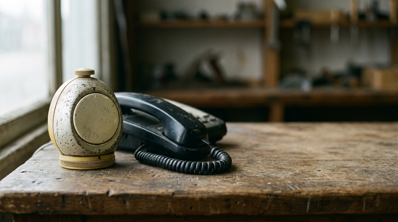 A mechanical kitchen timer beside a desk telephone handset on a wooden counter, lit by afternoon window light