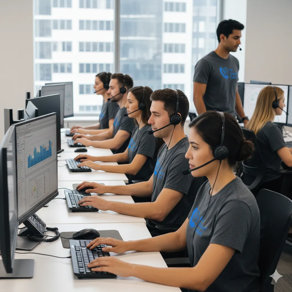 Professional remote receptionists team on headset