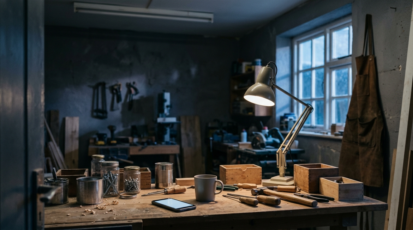 A phone lit up on an empty workshop bench at dusk, after closing time