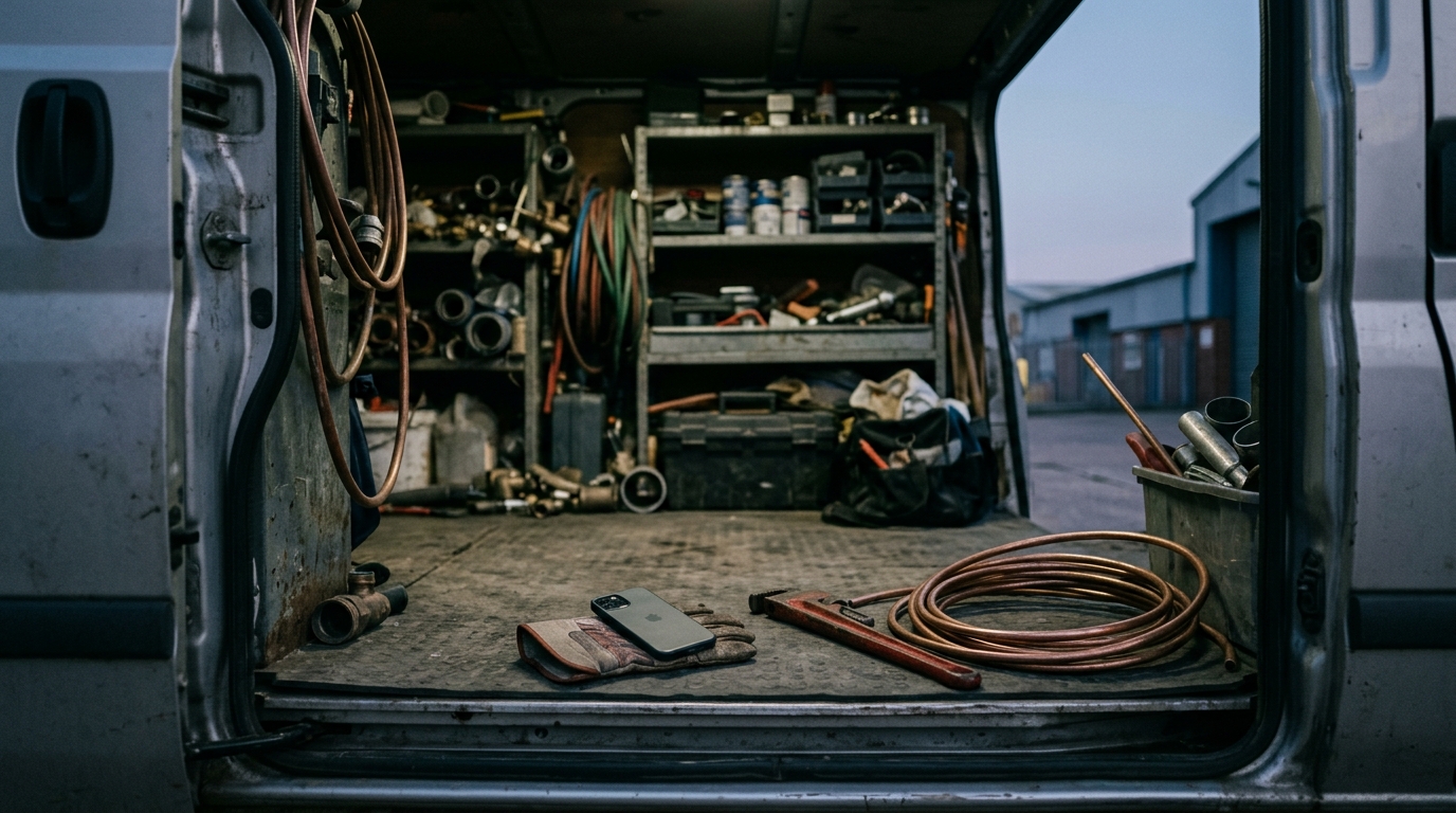 A phone resting on a work glove beside a pipe wrench and copper tubing on the floor of a plumber's van at dusk