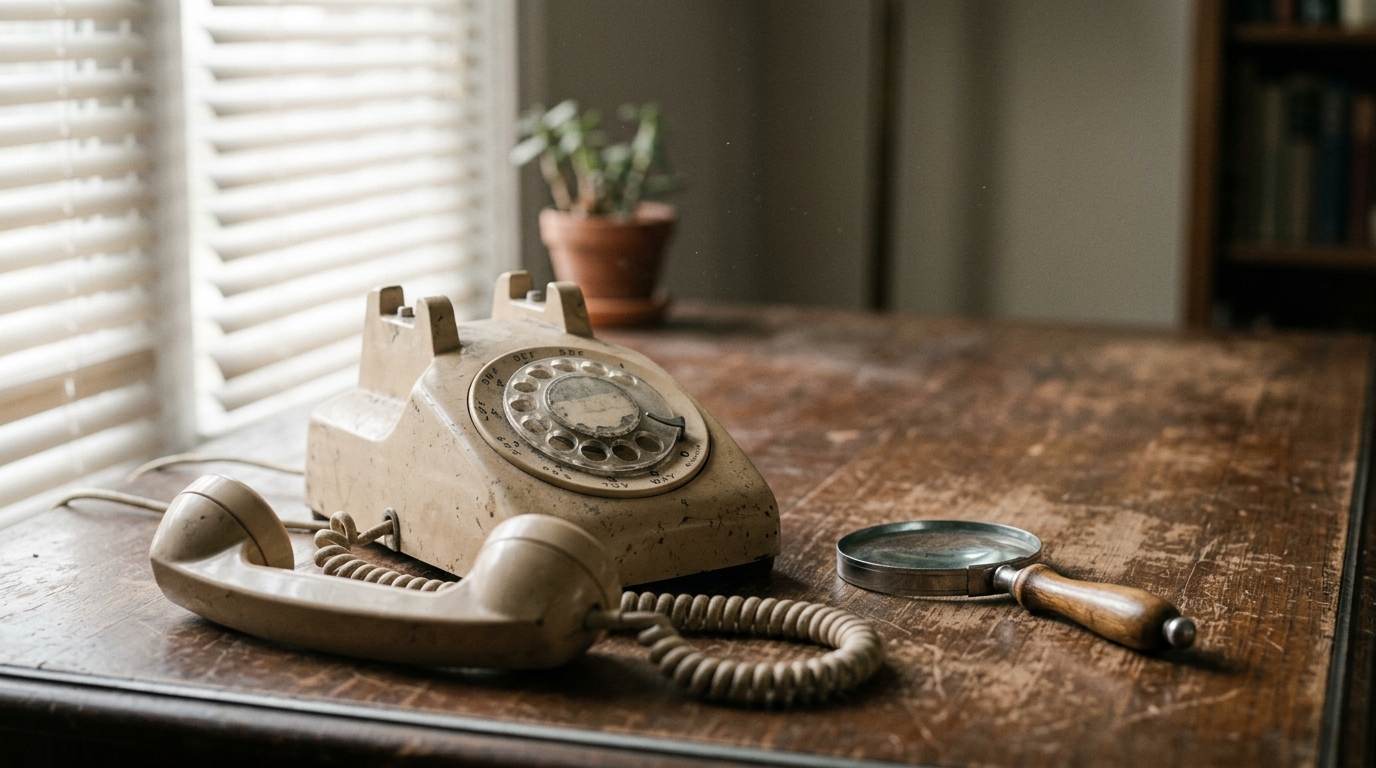 An old desk telephone with its handset off the hook on a wooden desk beside a magnifying glass in morning light