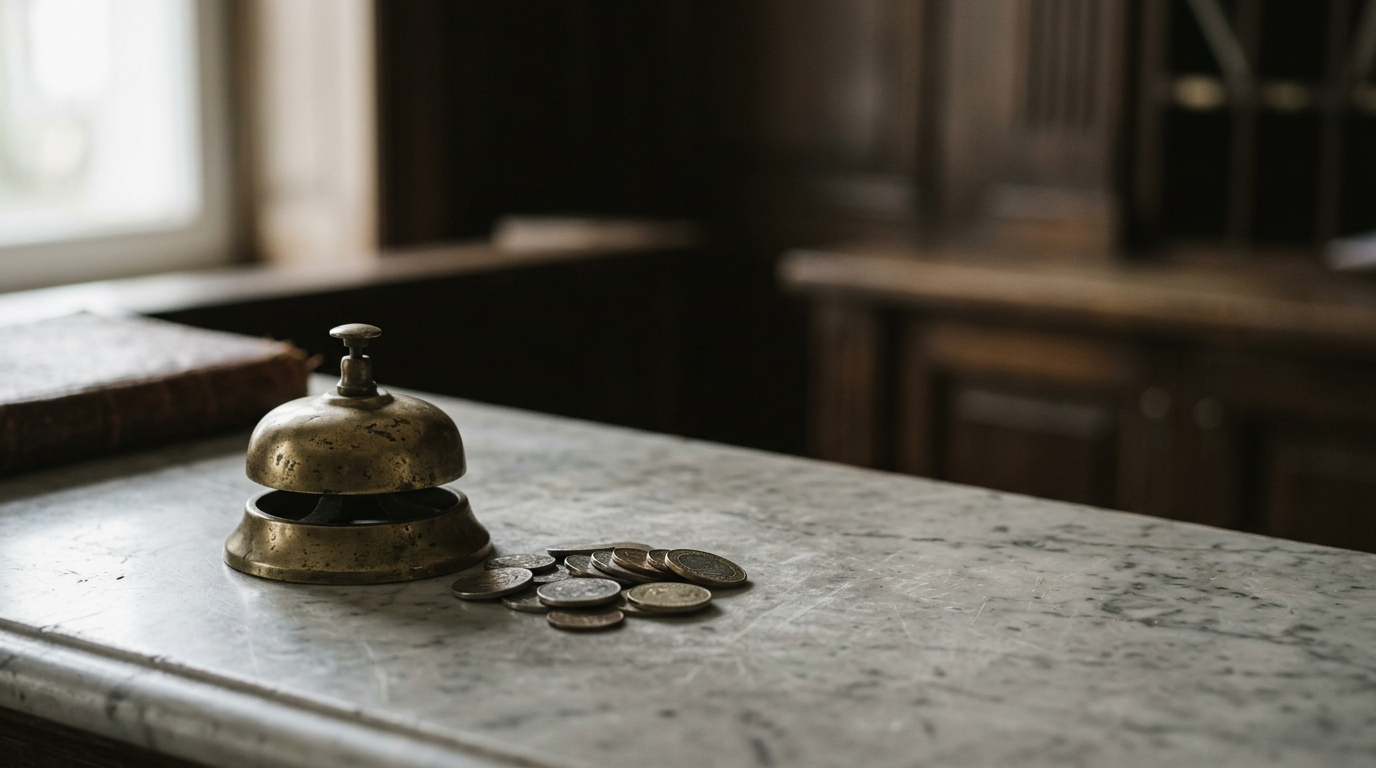 A brass desk bell beside a small stack of coins on a marble counter in soft morning light