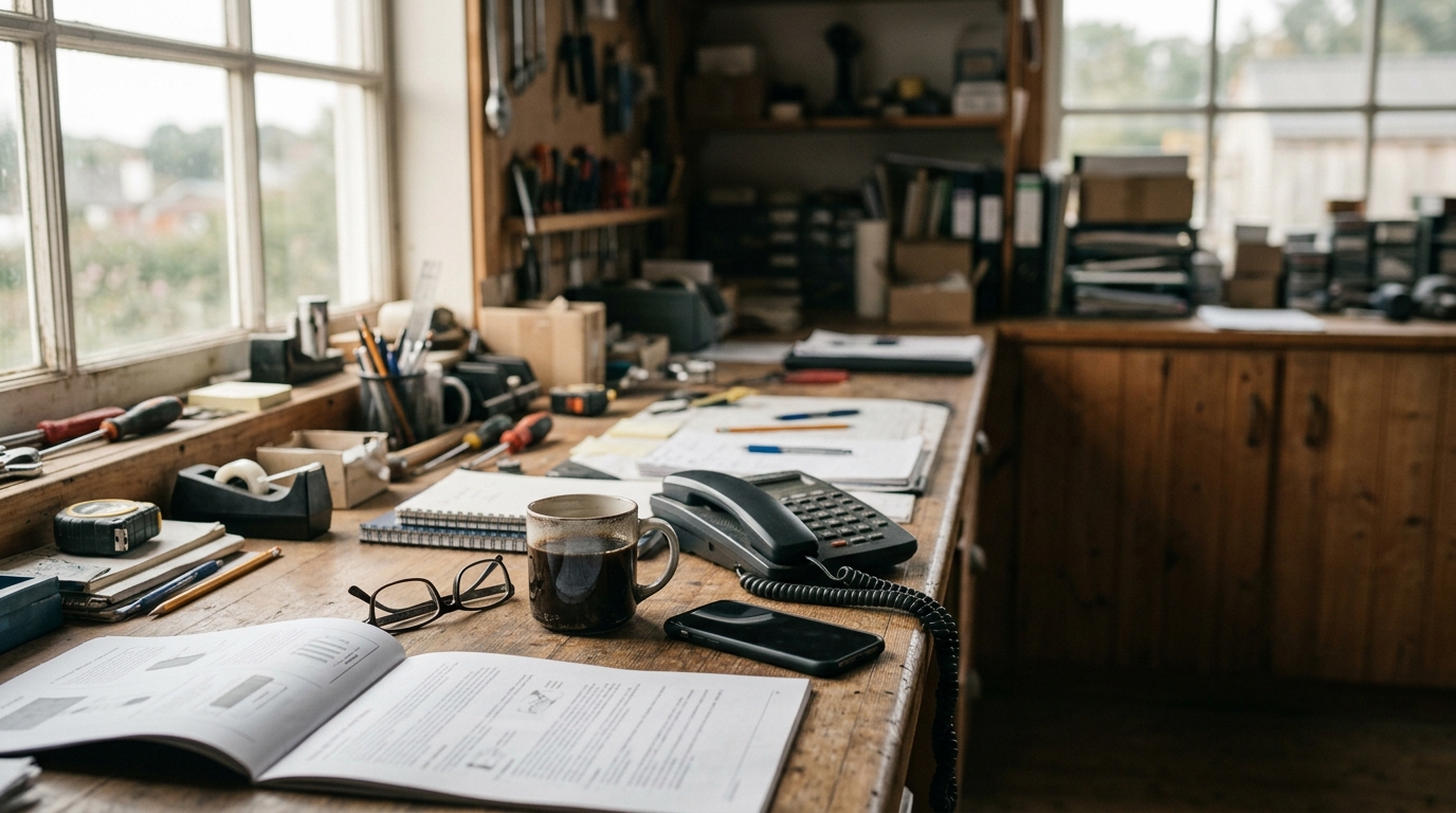 A small business owner's desk in late afternoon light with a smartphone lying beside an older corded desk phone
