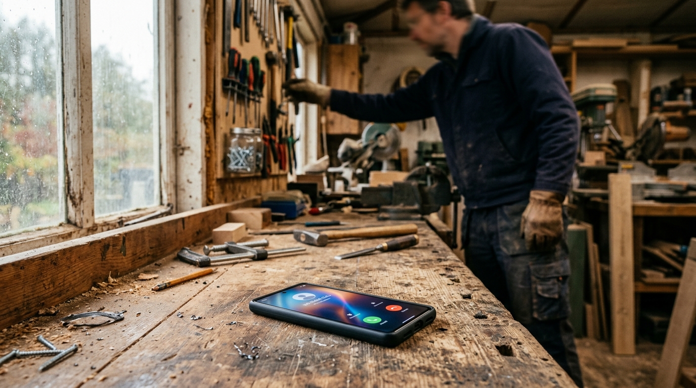 A tradesperson's smartphone on a workbench showing an incoming business call being answered