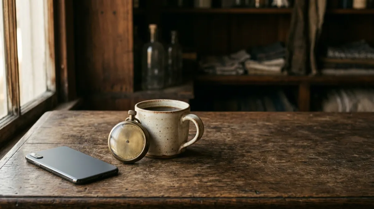 Smartphone, brass stopwatch and coffee mug on a wooden shop counter, no people visible