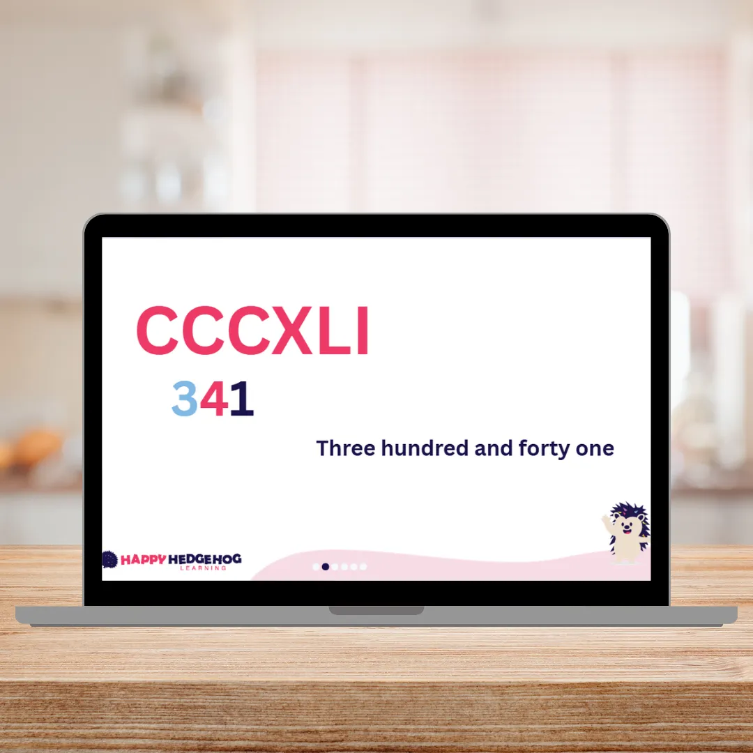 A Year 6 Maths Club lesson on screen, converting the Roman numeral CCCXLI into 341.