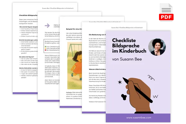 Cover der Checkliste Bildsprache im Kinderbuch – achtseitiger Leitfaden zur diskriminierungssensiblen Illustration mit Prüfliste und Beispielillustration