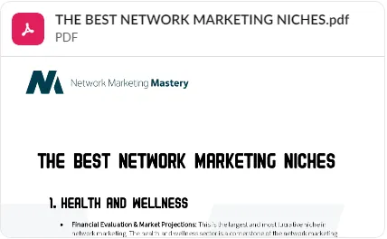 Infographic listing the best network marketing niches, with icons and text highlighting popular sectors like health, wellness, beauty, and personal finance.