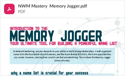 Memory jogger list for network marketing, displaying categories and prompts to help identify potential contacts, such as friends, family, and colleagues.