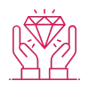 Icon of two hands holding a large diamond, outlined in red.