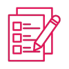 Icon of a checklist with a pencil, with red outline on a transparent background.