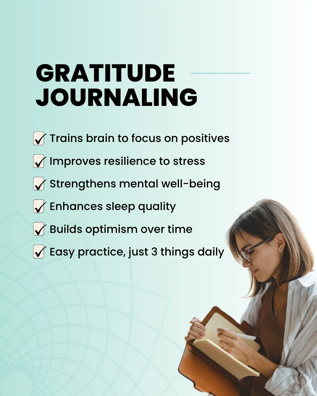 A woman writing in a journal with text explaining benefits of gratitude journaling.
