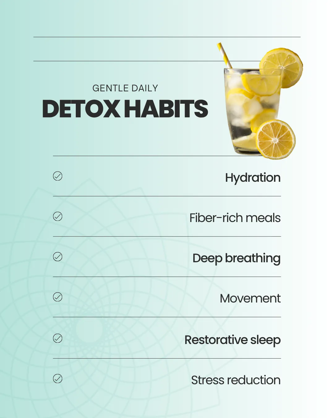 Glass of lemon water with daily detox habits listed