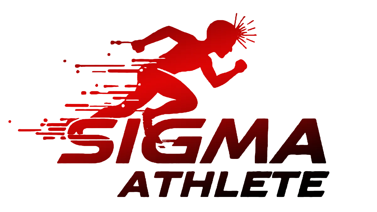 Sigma Athlete logo featuring a dynamic red silhouette of a sprinter in motion with digital speed trails and radiant lines from the head symbolizing mental focus. Bold red text reads 'SIGMA ATHLETE' beneath the figure.