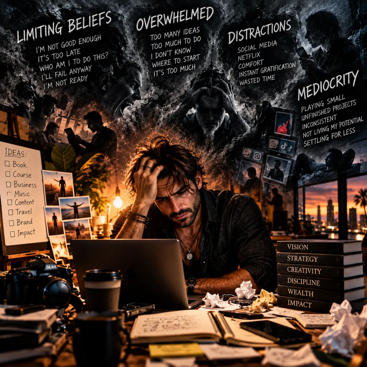 Monochrome high-contrast portrait of an exhausted executive submerged in dark shadows