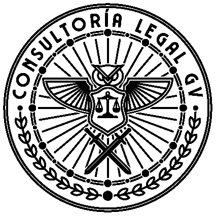 Logotipo oficial de Consultoría Legal GV. Diseño circular en tonos dorado y negro con un búho al centro, una balanza de justicia en el escudo y dos espadas cruzadas en la parte inferior. Representa sabiduría, justicia y protección legal.