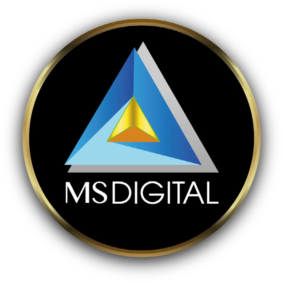 Official logo of MS Digital featuring a sleek triangular design in blue, yellow, and gray tones, encased in a gold circular frame. Represents innovation, professionalism, and a commitment to excellence in digital marketing solutions.
