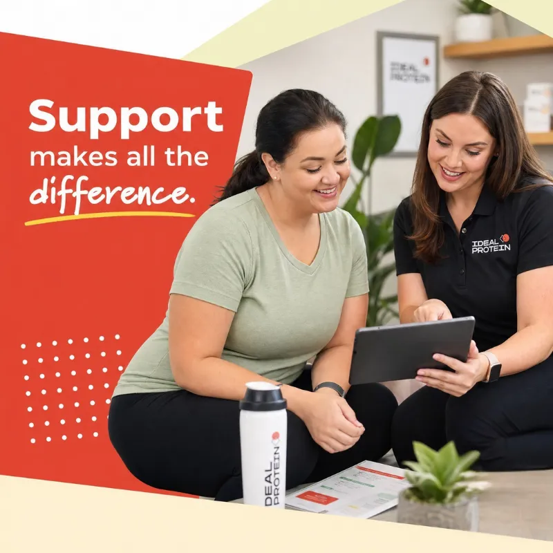 Ideal Protein certified coach reviewing a personalized weight loss plan on a tablet with a client at Family Wellness Physicians - Richard Pellegrino DC in Deerfield Beach, FL & Online