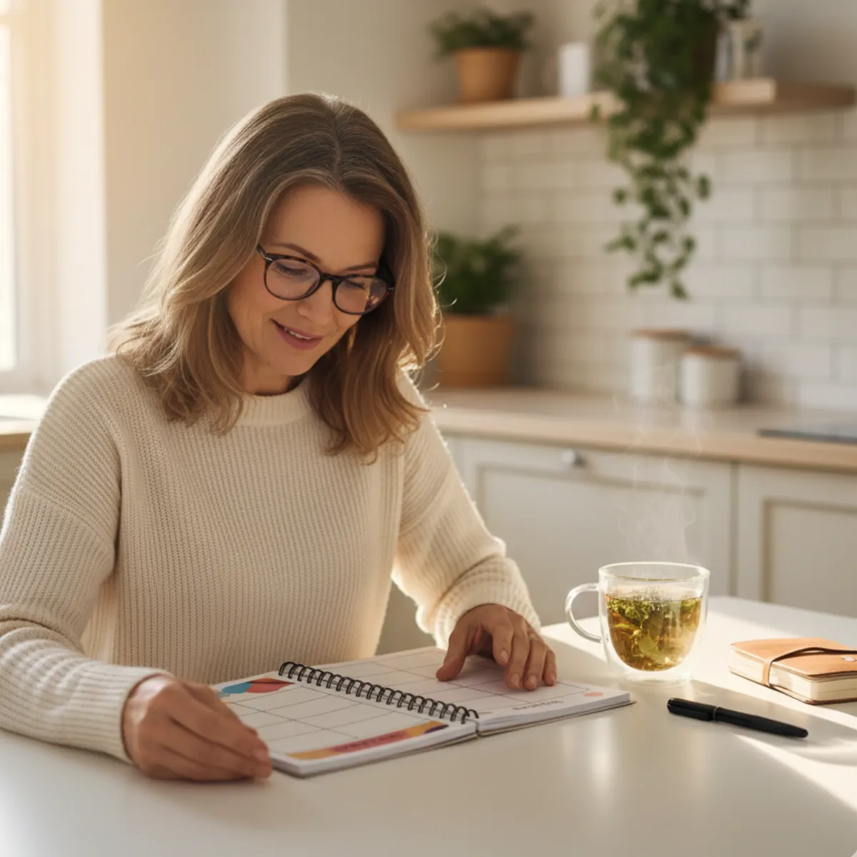 A woman wearing glasses writes in a nutrition journal at a bright kitchen table, planning her Ideal Protein protocol alongside GLP-1 weight loss treatment