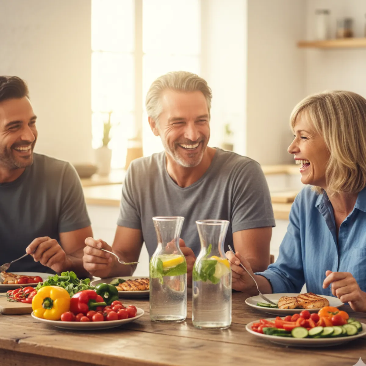 Two men and a woman enjoying a healthy meal together representing the whole health lifestyle improvements in energy, confidence, and wellbeing achieved through the Ideal Protein Protocol at Ideal BodyWorx