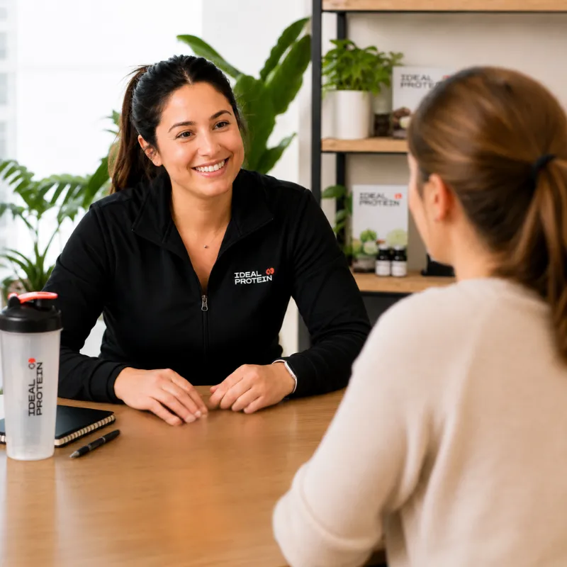 Certified Ideal Protein coach smiling during a one-on-one weight loss coaching session with a client at A Brand New Me Lifestyle Transformation in Castlegar, BC & online