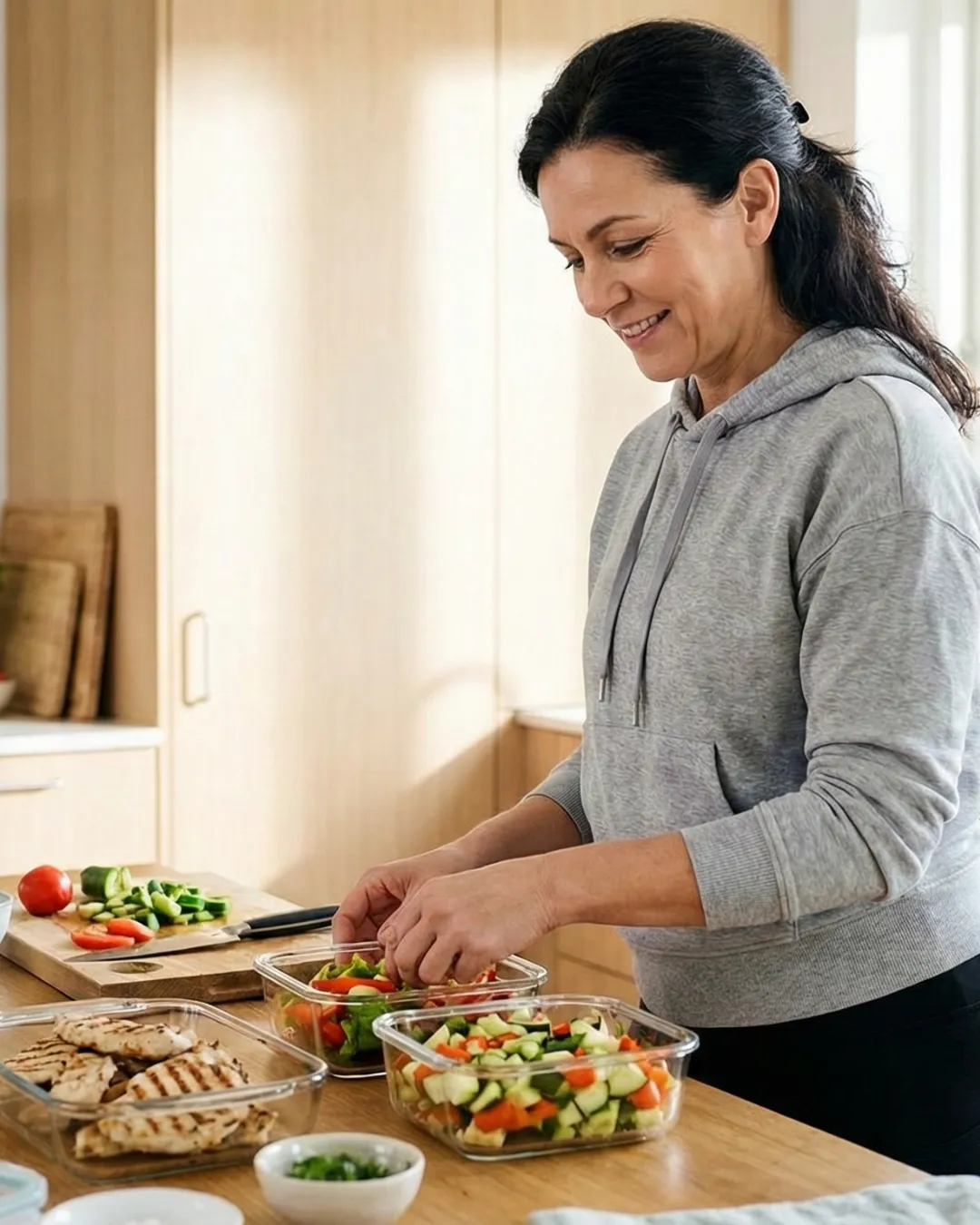 Woman meal prepping healthy food on the Ideal Protein Protocol