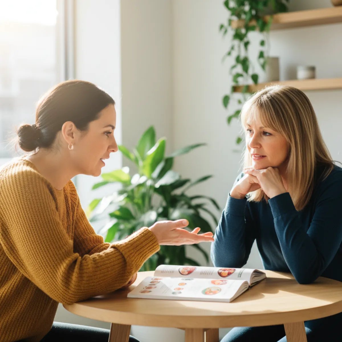 A certified Ideal Protein coach leans forward engaged in discussion with a client over nutrition materials during a GLP-1 weight loss coaching session