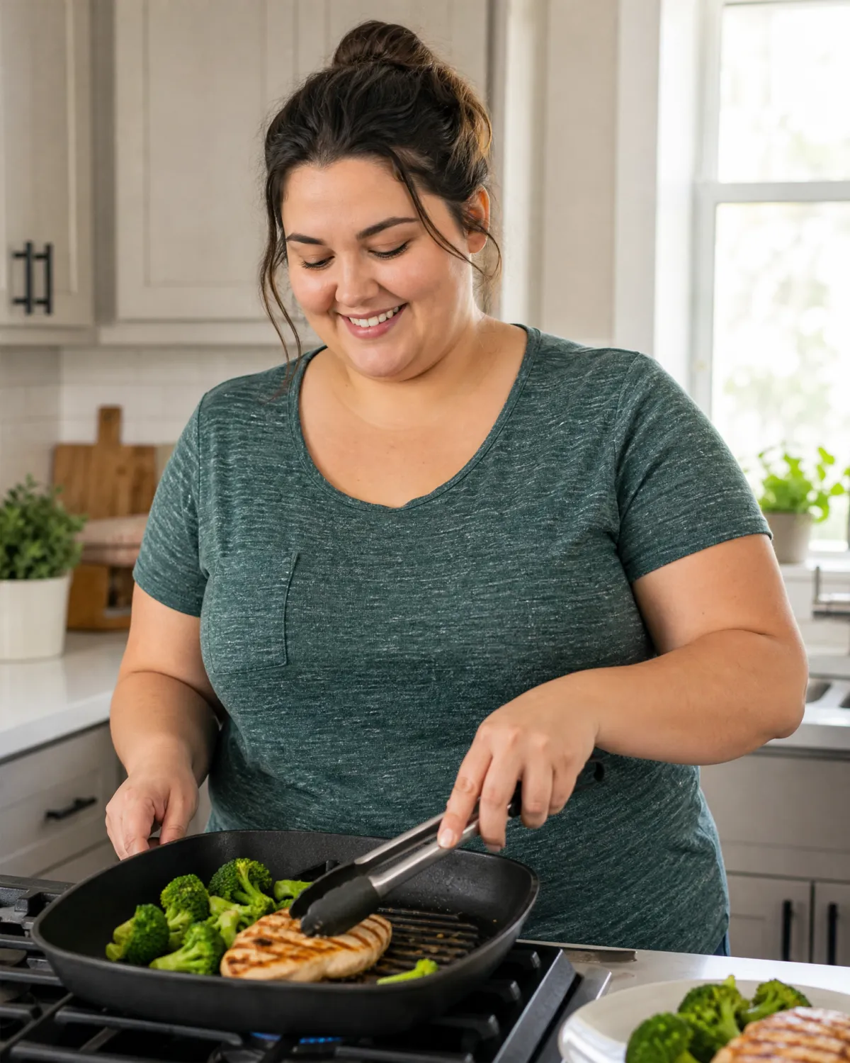 A smiling woman cooks a healthy meal with vegetables and protein in a bright home kitchen
