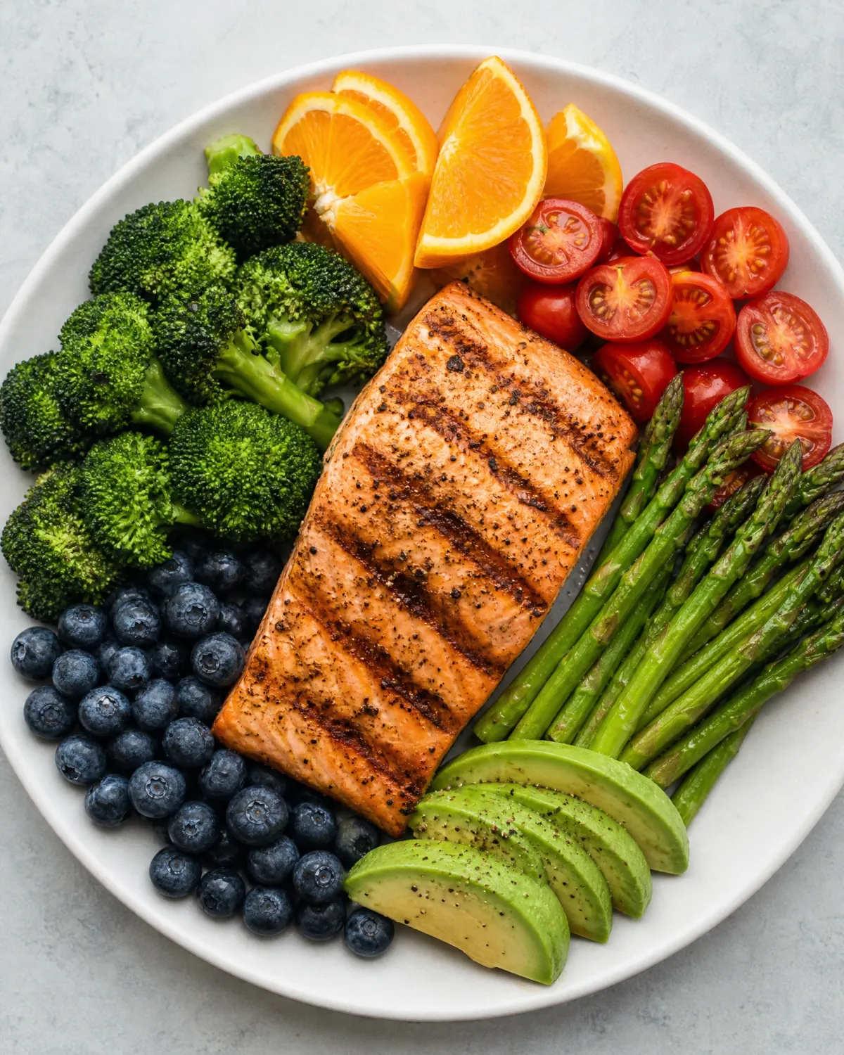 A balanced plate of salmon, fresh vegetables, berries, and citrus representing the gradual reintroduction of whole foods during the Ideal Protein stabilization phase
