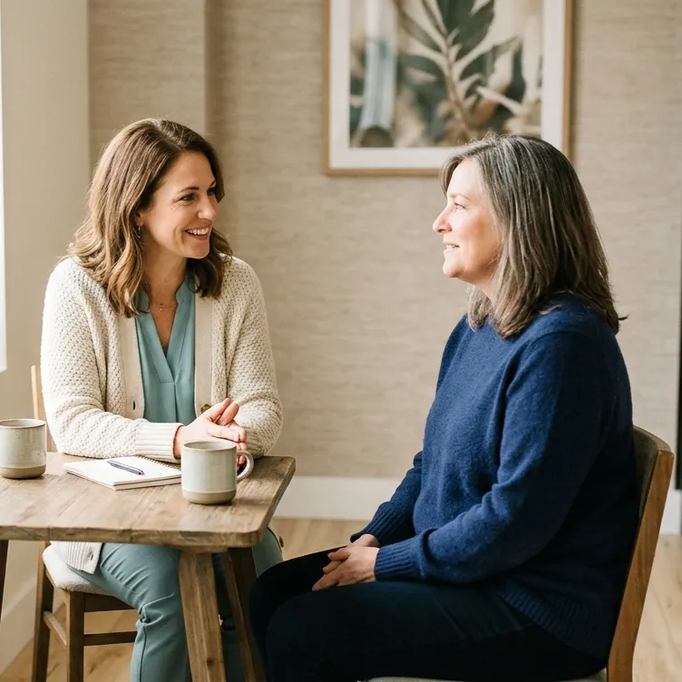 A certified Ideal Protein coach and a client sit facing each other in a warm, relaxed GLP-1 weight loss coaching conversation