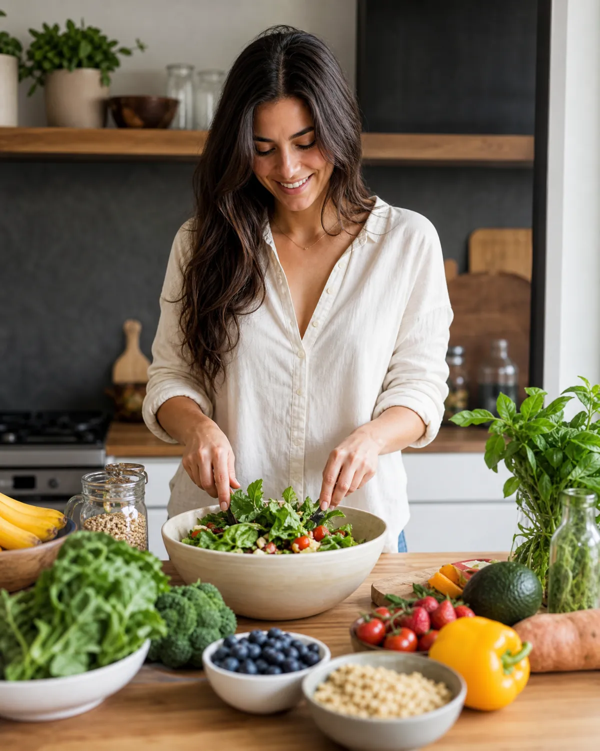 A woman prepares a fresh protein-forward salad surrounded by whole vegetables and nutritious ingredients, representing the Ideal Protein approach to whole health during GLP-1 weight loss