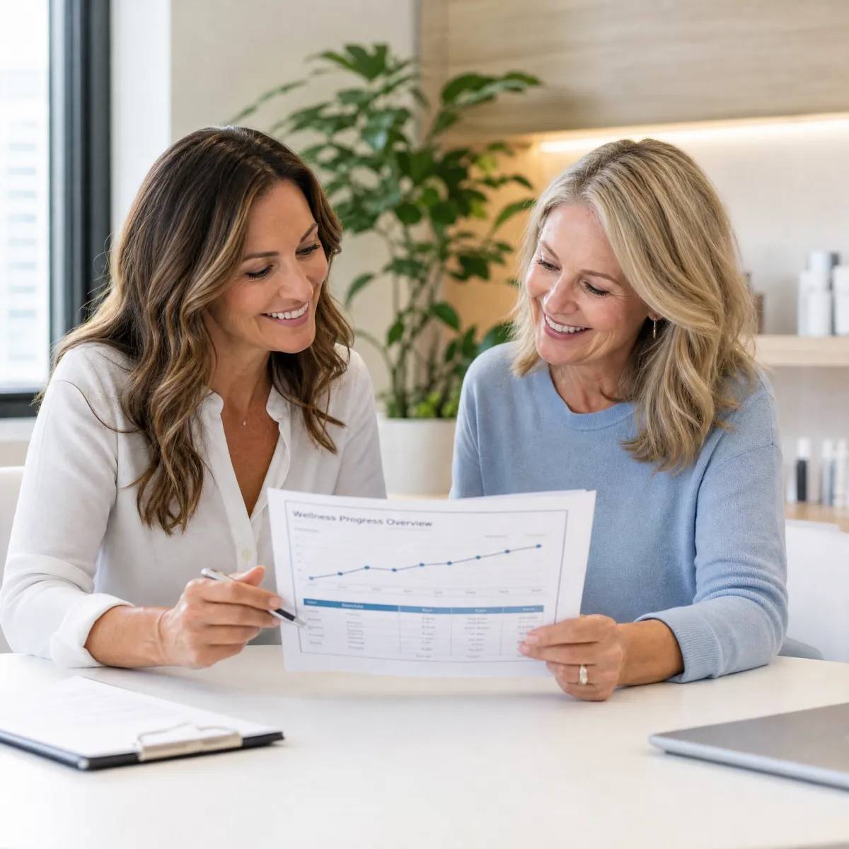 A certified Ideal Protein coach and a client reviewing a wellness progress chart together at a bright, modern clinic table